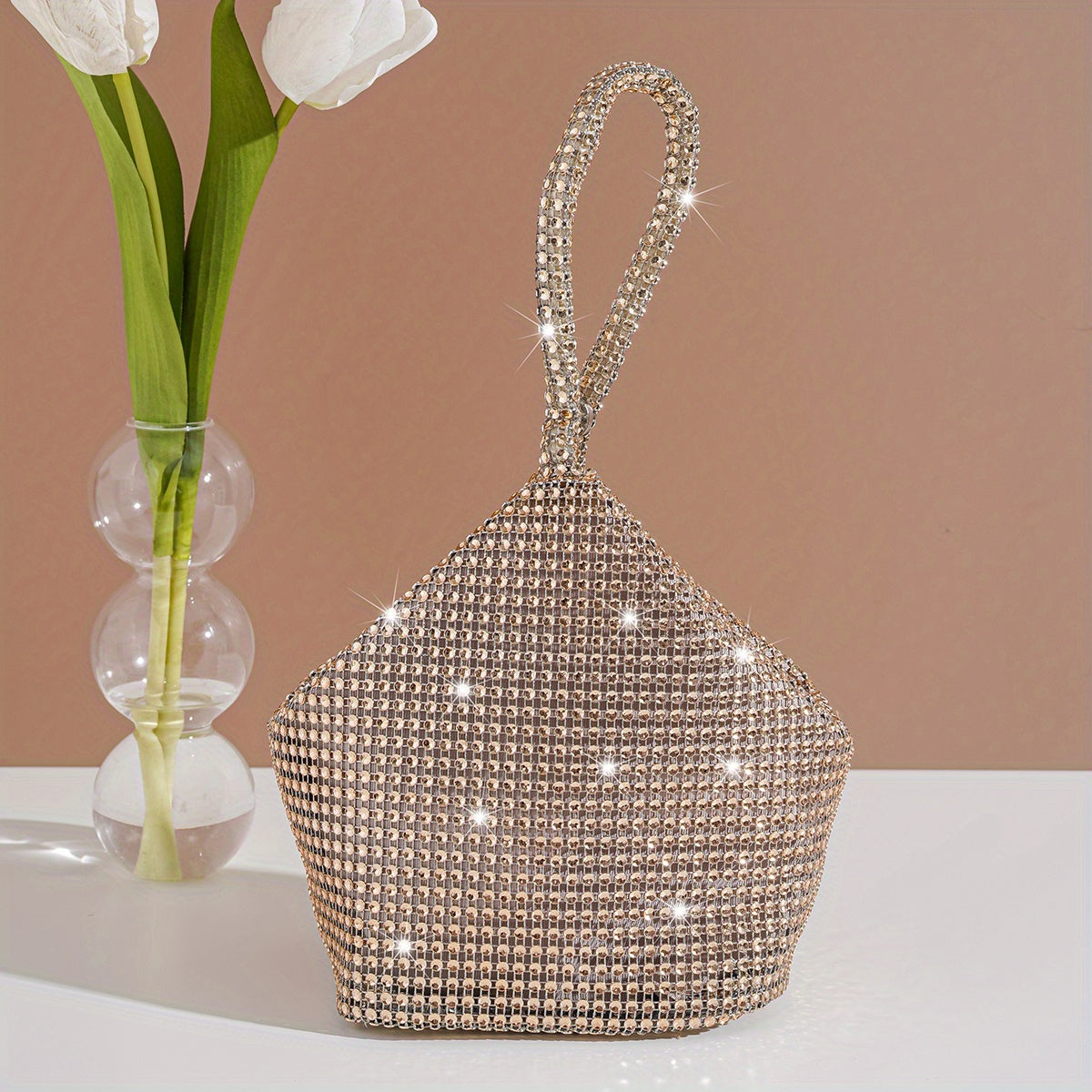 realaiot  Rhinestone Evening Bag, Glitter Prom Purse, Triangle Designer Clutch Bag For Party Wedding