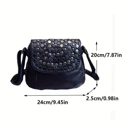 realaiot  Retro Style Mini Rivets Decor Flap Square Shoulder Bag, Classic Black Novelty Crossbody Bag For Women