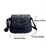 realaiot  Retro Style Mini Rivets Decor Flap Square Shoulder Bag, Classic Black Novelty Crossbody Bag For Women