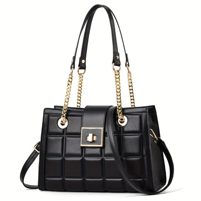 Plaid Embossed Crossbody Bag,  Trendy Chain Shoulder Bag, Turn Lock Handbags For Work