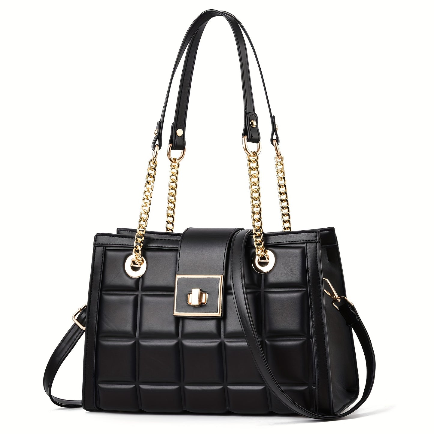 Plaid Embossed Crossbody Bag,  Trendy Chain Shoulder Bag, Turn Lock Handbags For Work