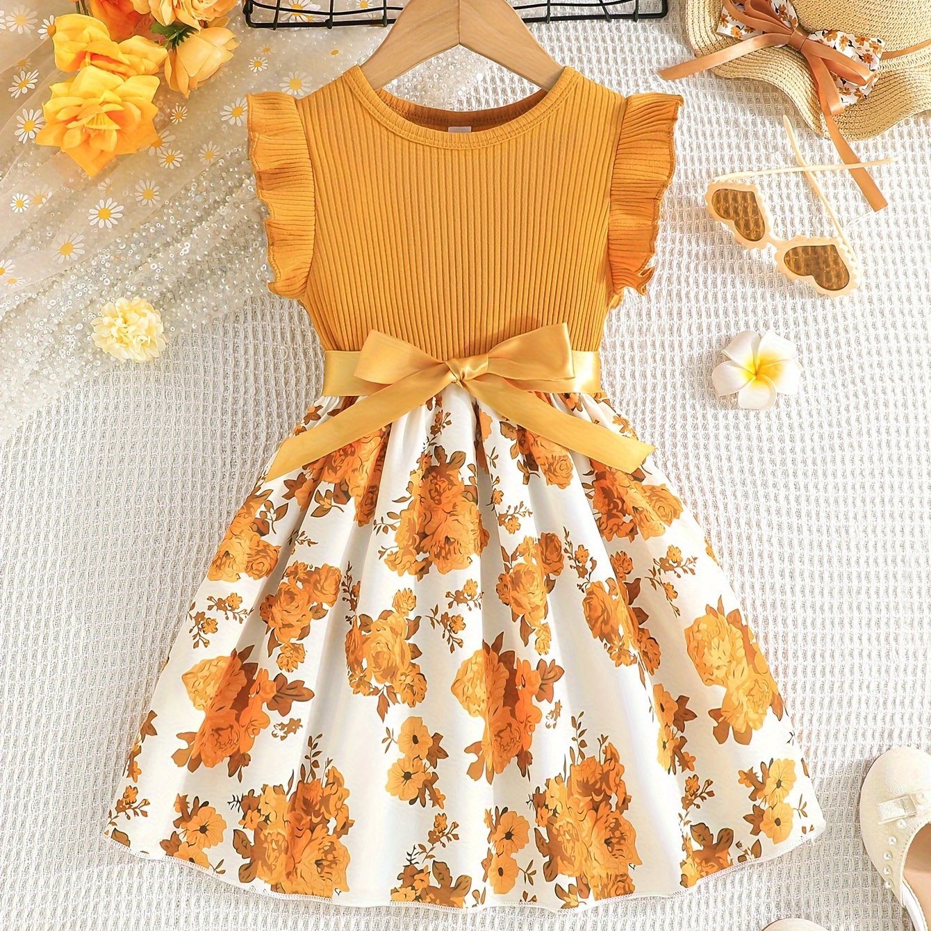 Charming Sweet Girls Floral Spliced Dress - Soft 93% Cotton, Perfect for Summer Parties & Gifts