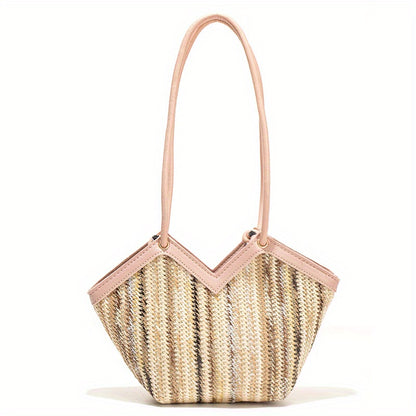 realaiot  Striped Straw Shoulder Bag, Rainbow Design Summer Beach Bag, Women's Woven Holiday Style Handbag