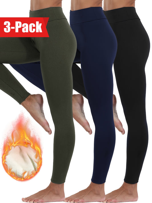 3-Pack Women's Solid Color Plush Lined High Waist Leggings, Casual Comfort Stretch Pants