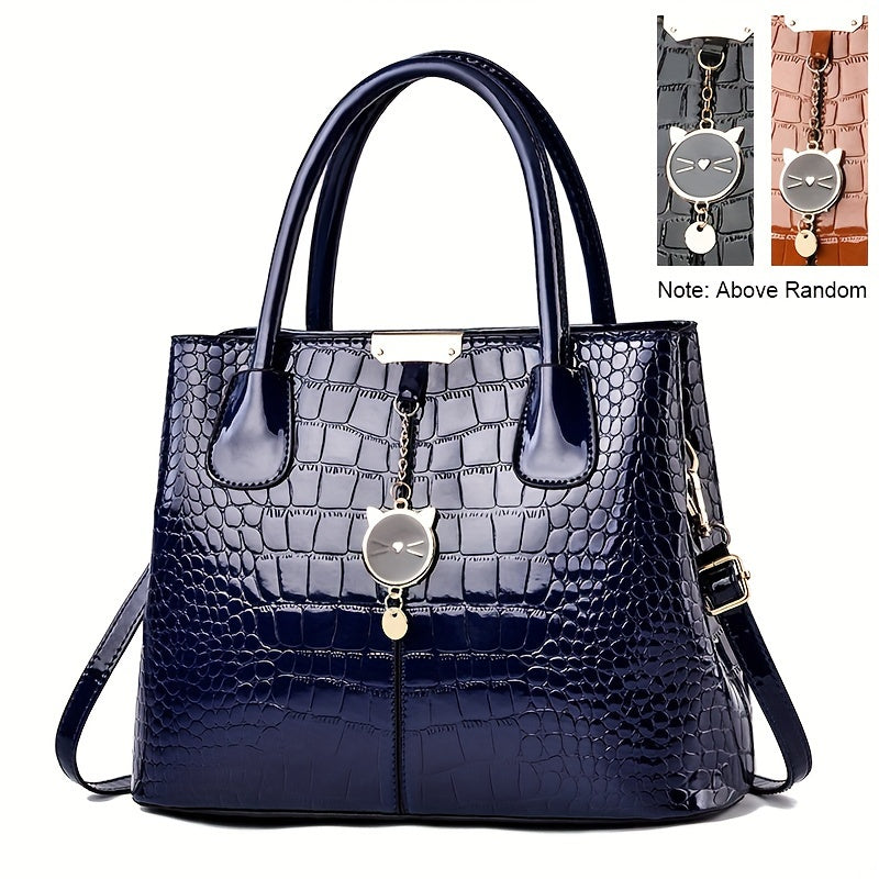 realaiot  Crocodile Pattern Handbag, Stylish Glossy Crossbody Bag, Women's Top Handle Satchel Purse