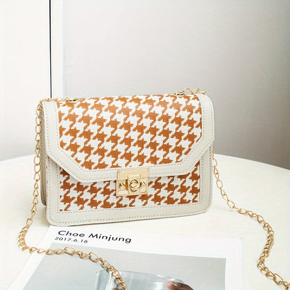 Stylish Houndstooth Pattern Square Bag, Trendy Crossbody Bag, Women's Flap Purse