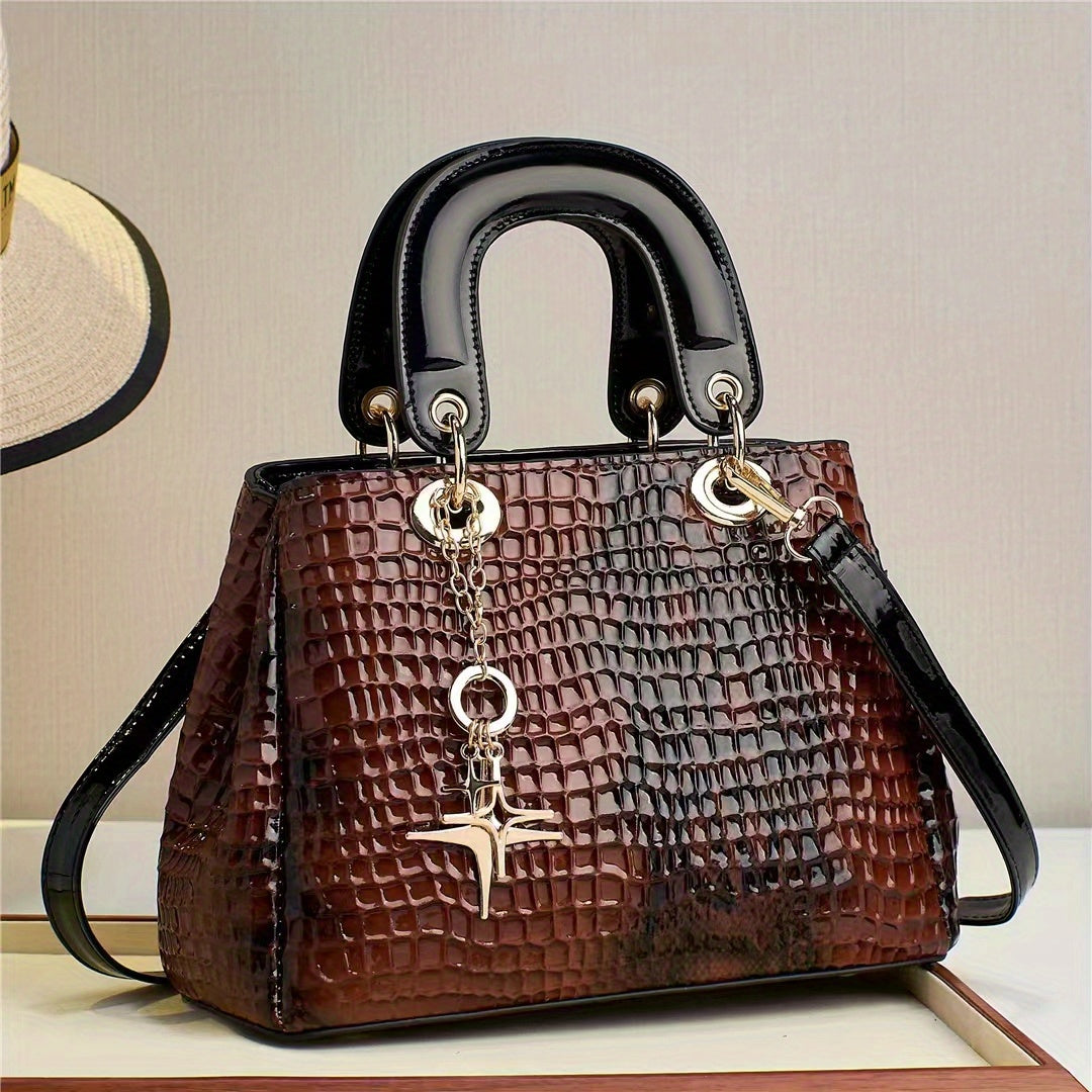 Luxury Crocodile Pattern Handbag, Gradient Crossbody Bag, Elegant Satchel Purse For Women