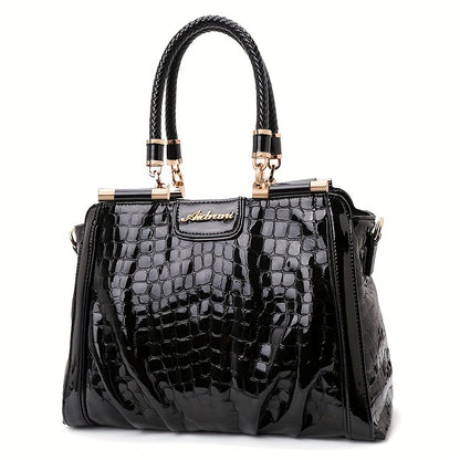 realaiot  Luxury Crocodile Pattern Handbag, Genuine Leather Crossbody Bag, Elegant Satchel Purse For Women