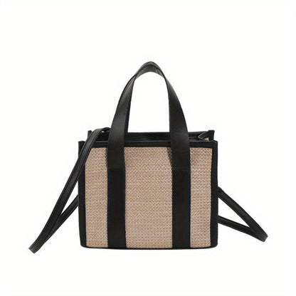 Fashion Straw Woven Tote Bag, Casual Colorblock Crossbody Bag, Boho Style Handbags For Travel Beach Holiday