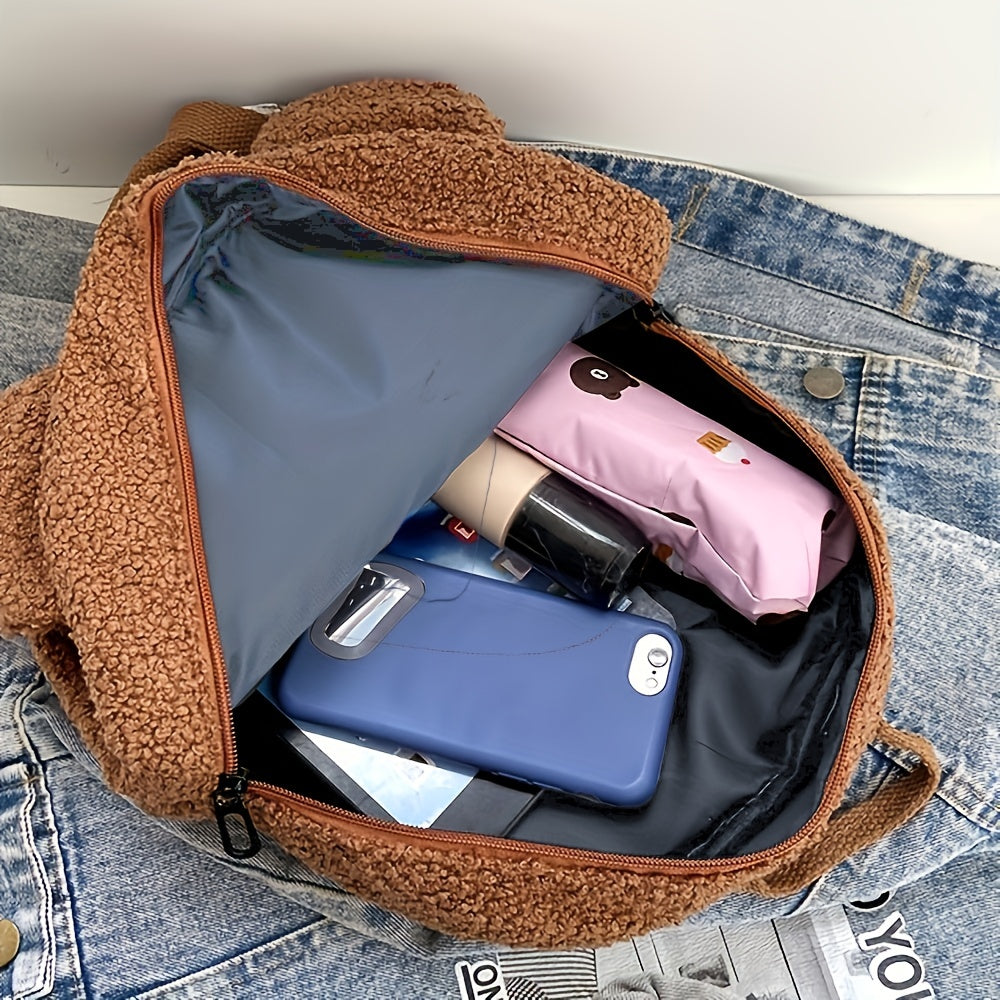 Fashion Cute Fuzzy Backpack, Kawaii Cartoon Bear Design Backpack For School And Travel (11.02*10.63*5.12) Inch