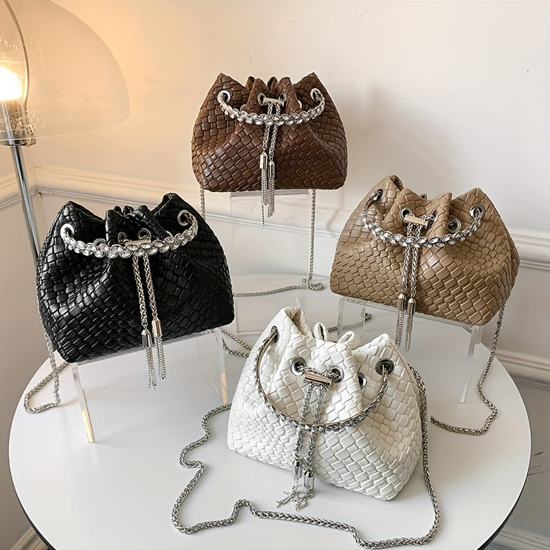 Mini Woven Bucket Bag For Women, Trendy Rhinestone Handbag, PU Leather Crossbody Bag With Chain Strap