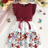 Floral Sleeveless Dress with Flutter Trim & Bow Belt - Perfect Summer Attire