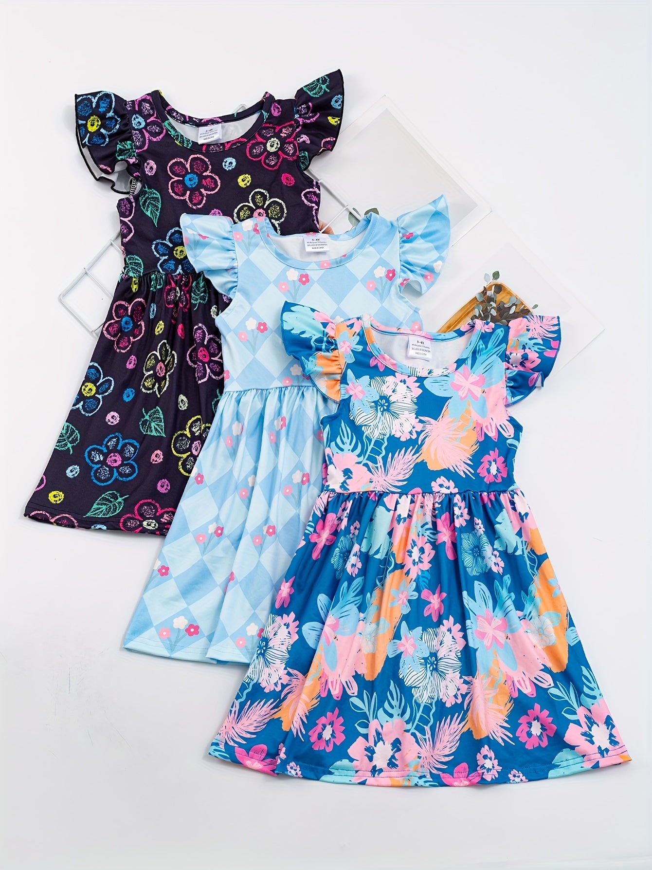 3pcs Girls Summer Floral Ruffle Dress Set - Adorable Print, Playful Ruffles, Lightweight Short Sleeves for Stylish Outfits