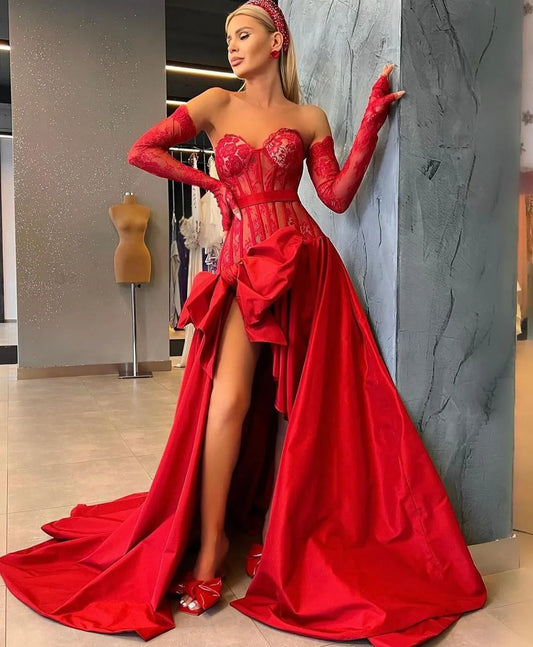 Sexy Red Plus Size A Line Prom Dresses Sweetheart Lace Applique Draped Sweep Train High Side Split Formal Occasions Wear Birthday Celebrity Pageant Evening Gowns