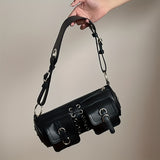 realaiot  Dark Style Hot Girl Cylinder Bag, Punk Black Rope Decor Underarm Bag, PU Leather Gothic Shoulder Purse