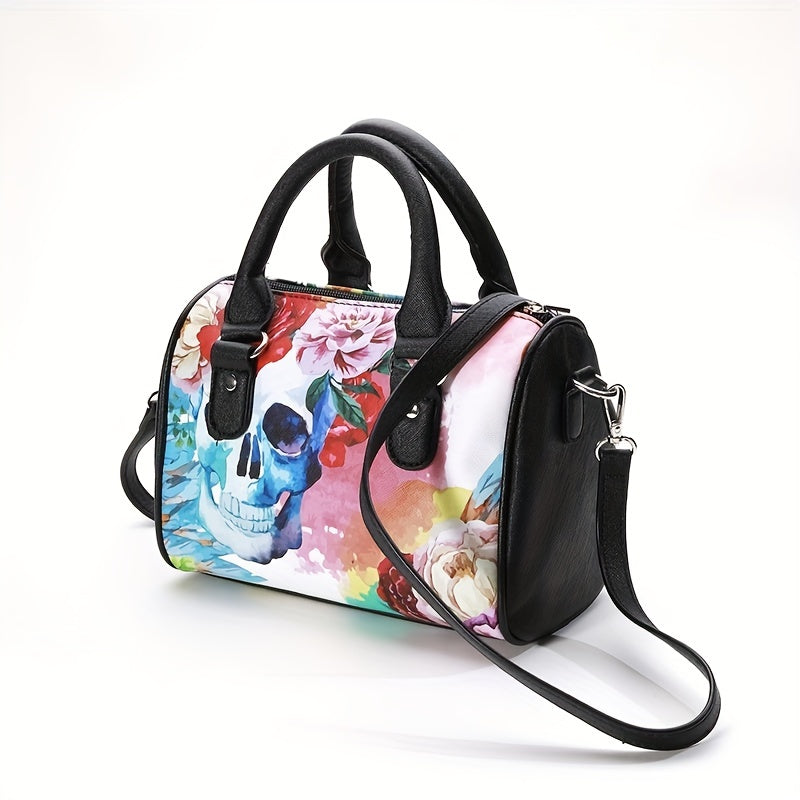 realaiot  Floral Skull Print Boston Bag, Fashion Top Handle Crossbody Bag, Women's Gothic Handbag, Shoulder Bag & Purse