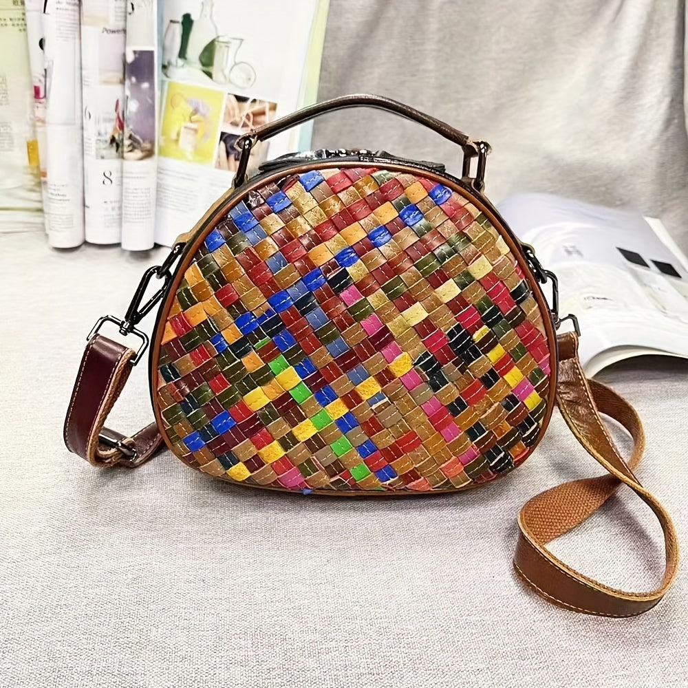 Bohemian Woven Shell Handbag, Genuine Leather Crossbody Bag, Retro Ethnic Style Colorful Dome Purse For Women