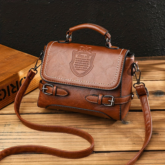 Retro PU Leather Handbag, Letter Badge Embossed Satchel Purse, Fashion Crossbody Bag For Women