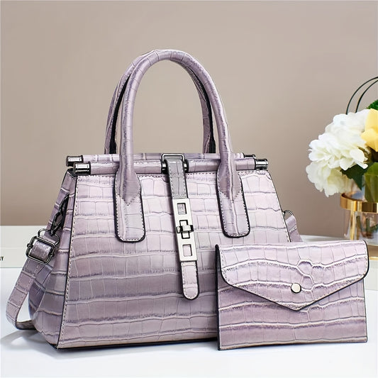 2Pcs Trendy Gradient Color Tote Bag Set, Multi-pocket Divider Crocodile Pattern Shoulder Bag & Coin Purse, Perfect Handbag For Commuting