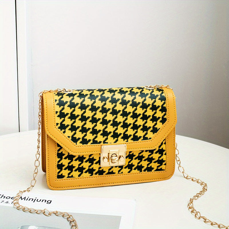 Stylish Houndstooth Pattern Square Bag, Trendy Crossbody Bag, Women's Flap Purse