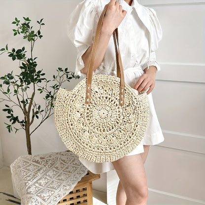 realaiot  Woven Straw Round Handbags, Hollow Out Summer Beach Bag, Women's Large Capacity Shoulder Bag