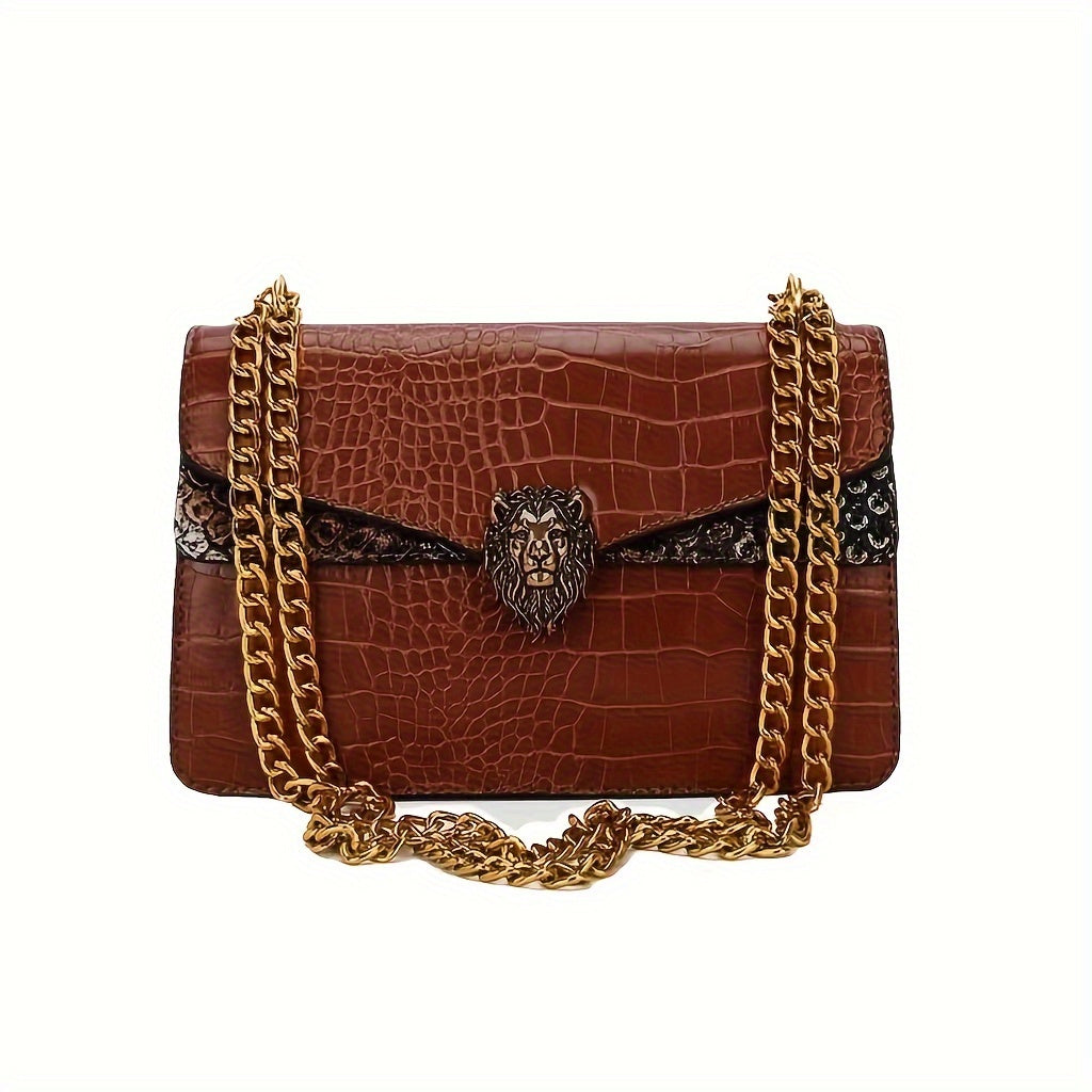 realaiot  Crocodile Pattern Crossbody Bag, Lion Head Decor Handbag, Fashion Chain Shoulder Purse For Women