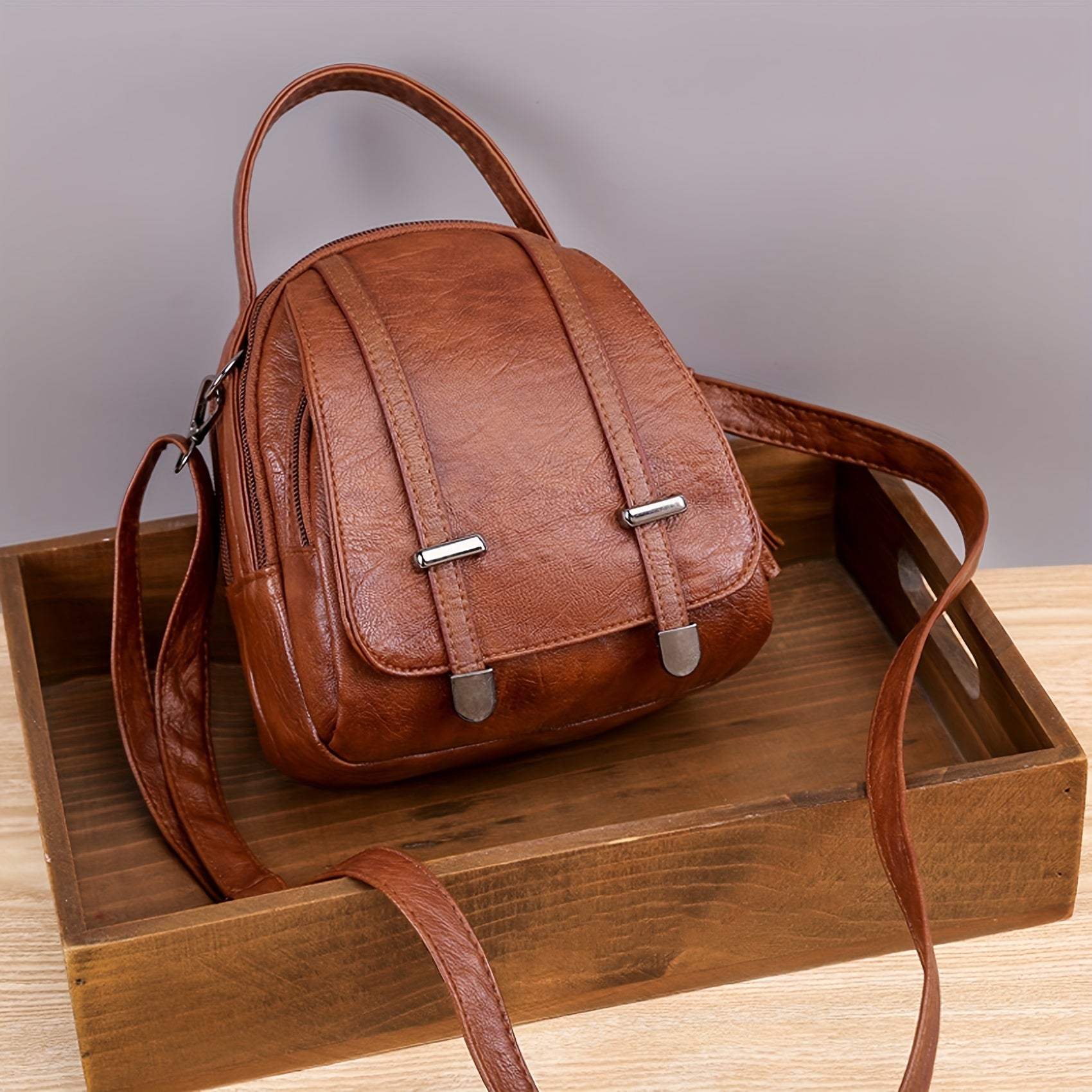 Retro Mini Crossbody Bag, Women's Multi Layer Handbag, Simple PU Leather Shoulder Purse