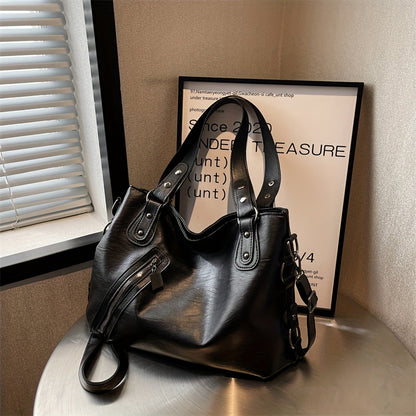 realaiot  Vintage Zipper Front Hobo Bag, Stylish Large Capacity Tote Bag, Women's PU Leather Crossbody Bag