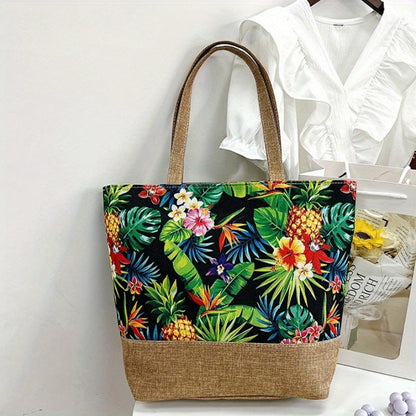 realaiot  Tropic Pattern Tote Bag, Holiday Summer Beach Bag Travel Bag For Vacation, Canvas Large Capacity Shopping Bag