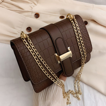 Crocodile Embossed Shoulder Bag, Women's Buckle Decor Crossbody Bag, Trendy Chain Square Purse