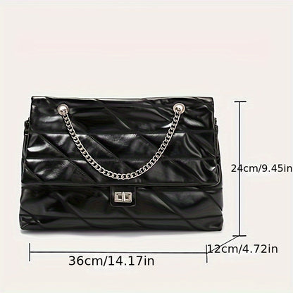 Trendy Chain Crossbody Bag, Women's Quilted Shoulder Bag, Large Capacity Handbag & Flap Purse