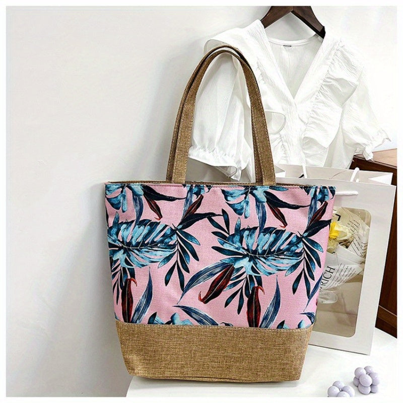 realaiot  Tropic Pattern Tote Bag, Holiday Summer Beach Bag Travel Bag For Vacation, Canvas Large Capacity Shopping Bag