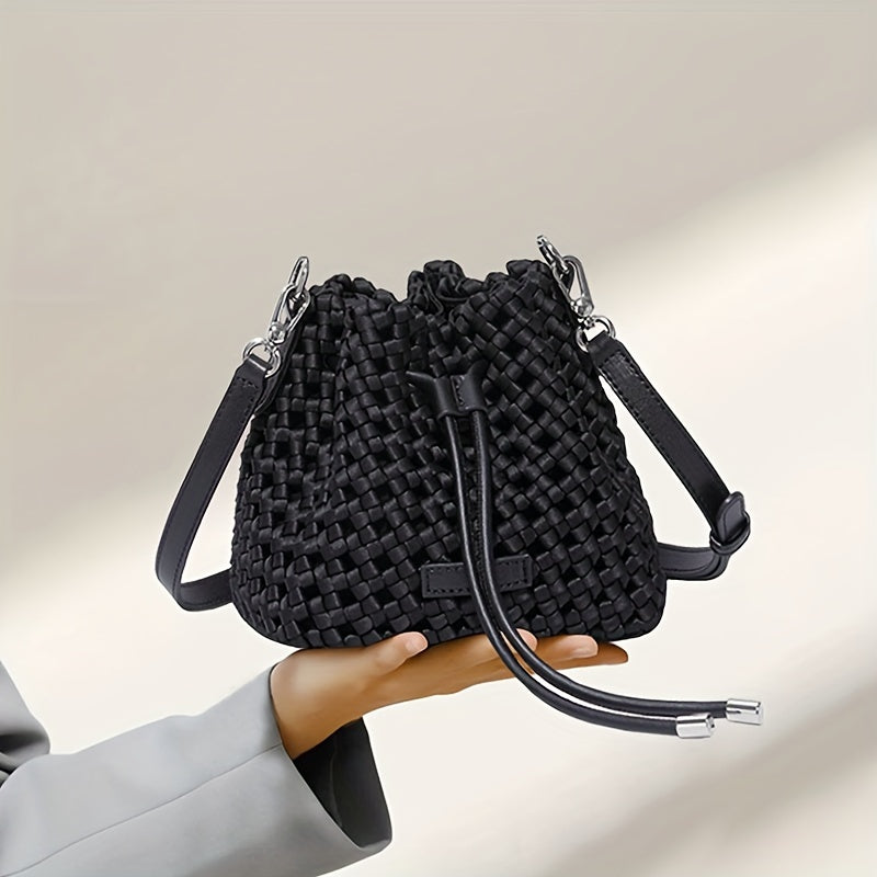 realaiot 2024 New Braided Design Bucket Bag, Solid Color Mini Fashion Trendy Handbag, Mini Leisure Shoulder Bag