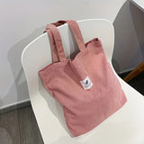 Casual Corduroy Shoulder Bag, Letter Patch Decor Tote Bag, Lightweight Reusable Shopping Bag