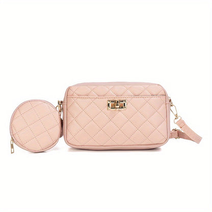 realaiot  Solid Color Quilted Bag, Fashionable Casual Shoulder Bag With Small Purse, Women's Stylish Versatile Handbag & Cosmetic Bag