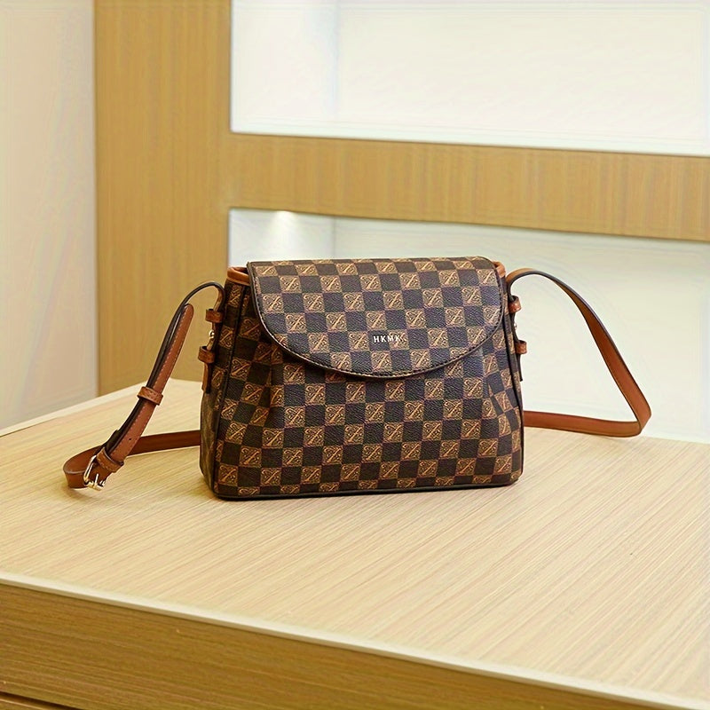 realaiot Letter Detail Plaid Flap Shoulder Bag For Ladies, Fashion Printing Zipper Simple Crossbody Bag