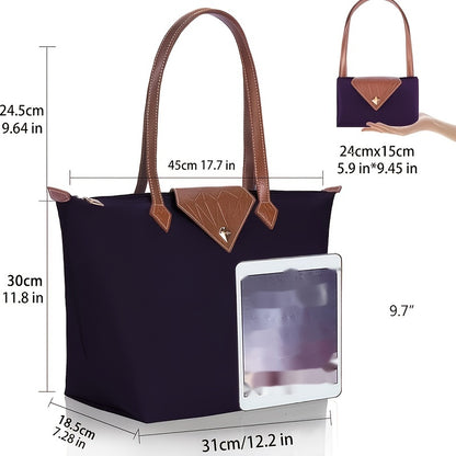 realaiot  1pc Foldable Waterproof Nylon Tote Bag For Women, Suitable For Travel, Work, Shopping, School, 45CM/17.7in