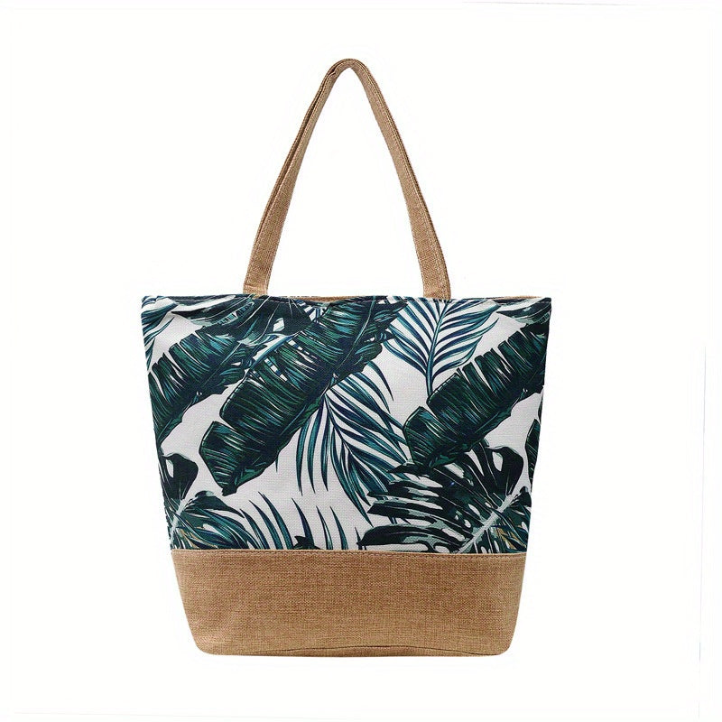 realaiot  Tropic Pattern Tote Bag, Holiday Summer Beach Bag Travel Bag For Vacation, Canvas Large Capacity Shopping Bag