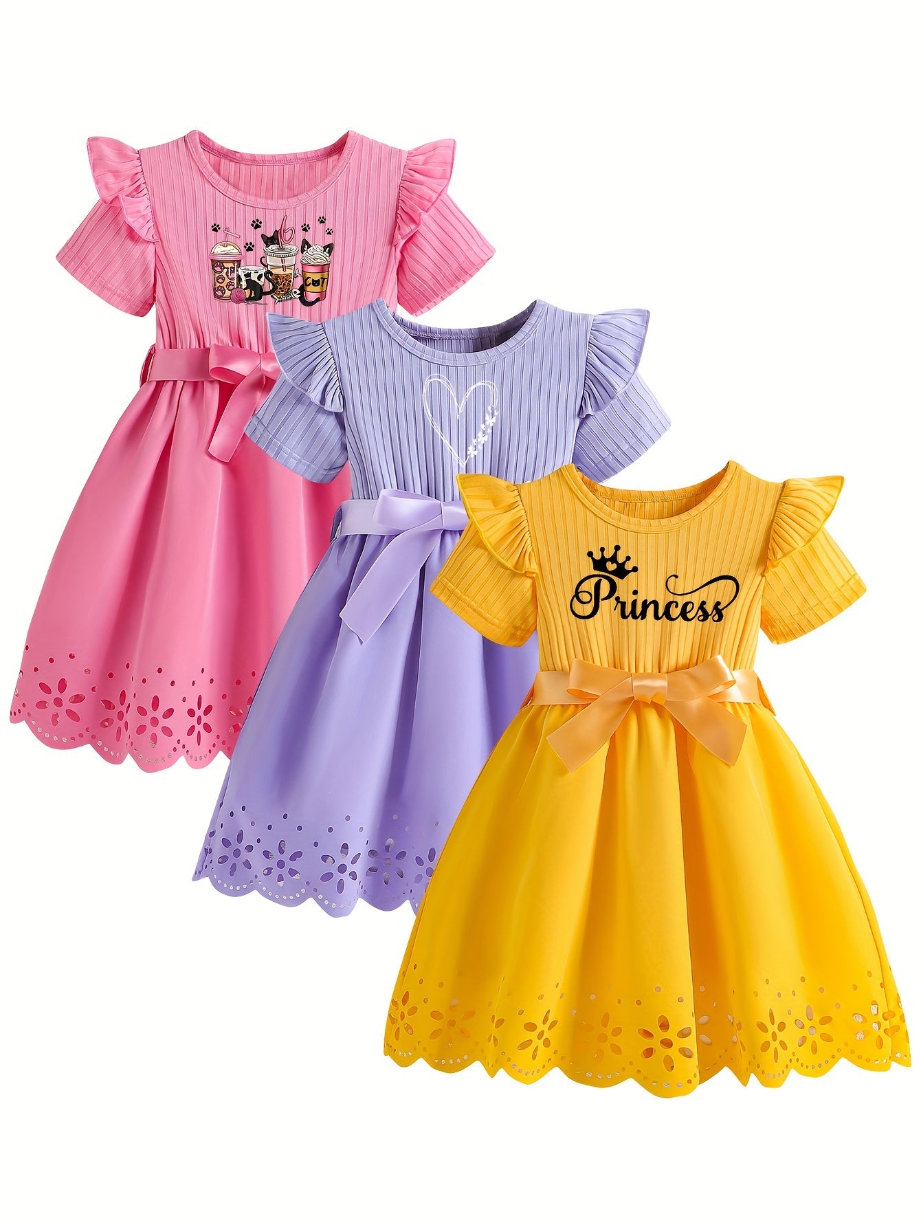 3pcs Girls Adorable Cartoon Character Print Casual Dress Set - Ruffle, Hollow-Out Design, Short Sleeve, Bowknot Belt, Polyester Fabric, Slight Stretch, Regular Fit, Alphabets Pattern, Summer Wear, Knit Fabric