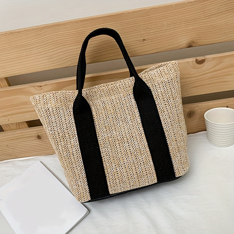 realaiot  Straw Woven Tote Bag For Women, Boho Style Summer Beach Bag, Small Braided Shoulder Bag For Travel