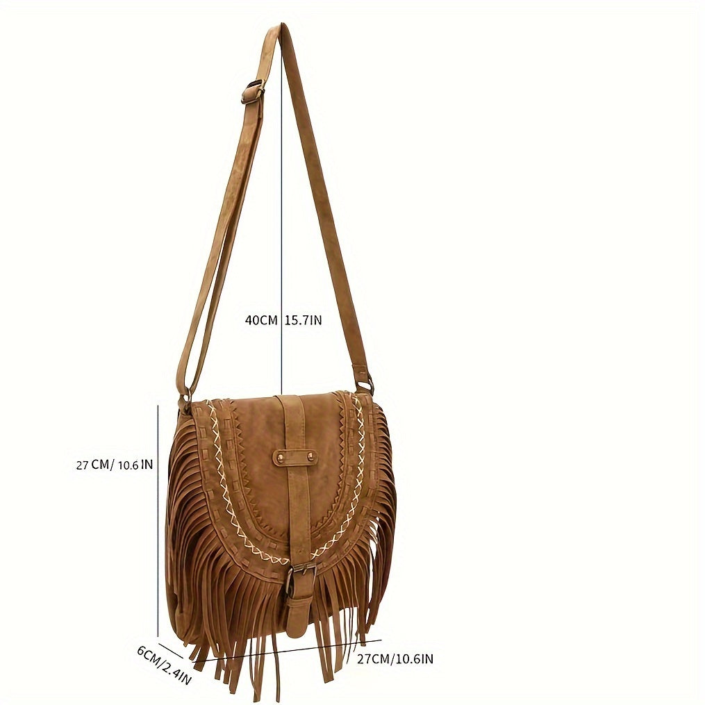 realaiot  Imitation Suede Fringe Hobo Bag, Vintage Tassel Crossbody Bag, Trendy Western Style Flap Shoulder Bag