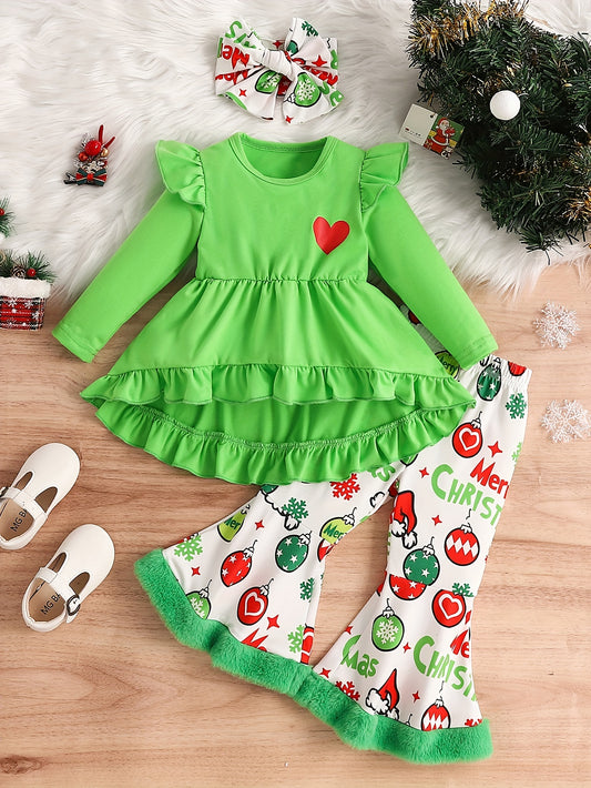 Toddler Baby Girls Christmas Clothes Little Girl Ruffle Long Sleeve Heart Print Tops Dress Christmas Ball Print Pants with Headband 3PCS Fall Winter Outfits Set