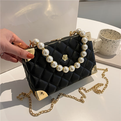 Trendy Argyle Quilted Crossbody Box Bag, Faux Pearls Chain Bag, Perfect Square Shoulder Bag For Daily Use