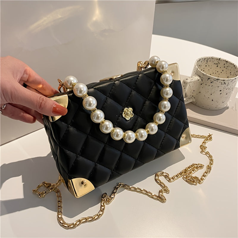 realaiot  Trendy Argyle Quilted Crossbody Box Bag, Faux Pearls Chain Bag, Perfect Square Shoulder Bag For Daily Use