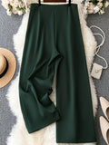 Plus Size Elegant Pants, Women's Plus Solid Stitching Button Detail High Rise Wide Leg Trousers