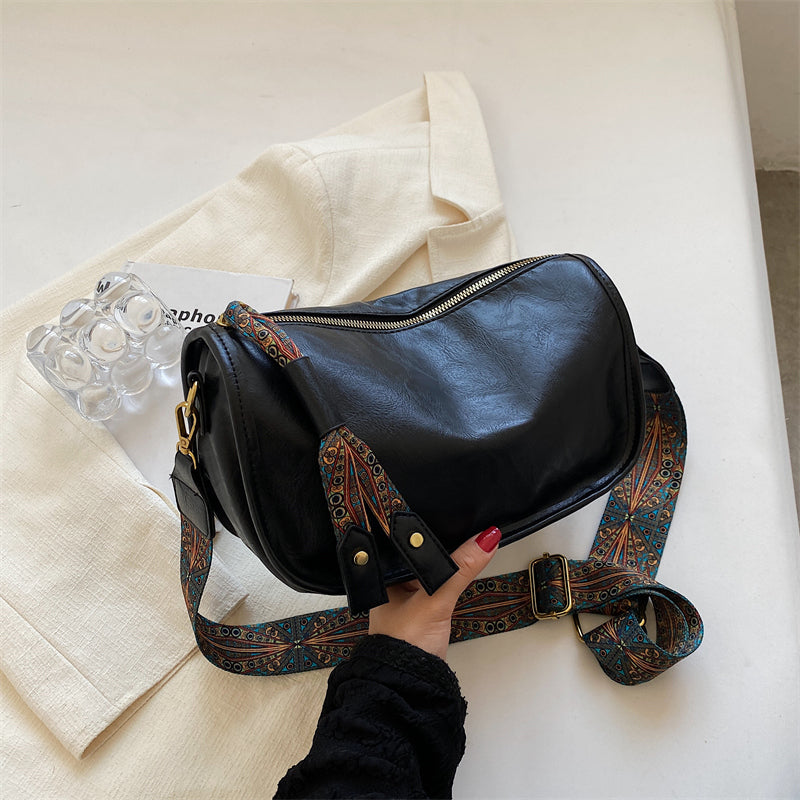 Retro Style Crossbody Bag, Graphic Pattern Strap Shoulder Bag, Women's PU Leather Zipper Purse