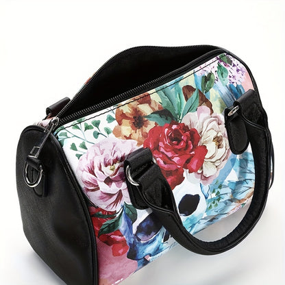 realaiot  Floral Skull Print Boston Bag, Fashion Top Handle Crossbody Bag, Women's Gothic Handbag, Shoulder Bag & Purse