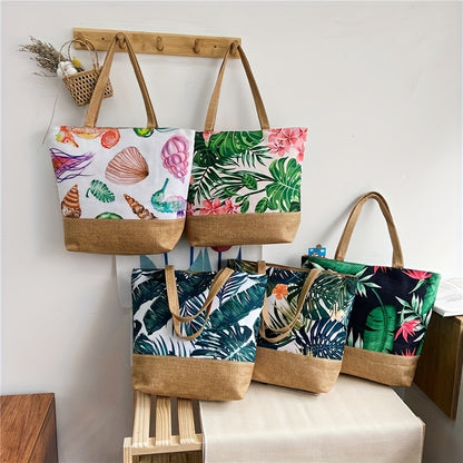 realaiot  Tropic Pattern Tote Bag, Holiday Summer Beach Bag Travel Bag For Vacation, Canvas Large Capacity Shopping Bag