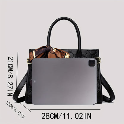 Classic Black Geometric Pattern Handbag, Scarf Decor Top Handle Handbag, PU Leather Elegant Shoulder Bag