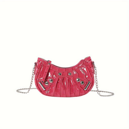 realaiot  Luxury Chain Crossbody Bag, Punk Style Rivet Crescent Bag, Fashion Mini Shoulder Purse